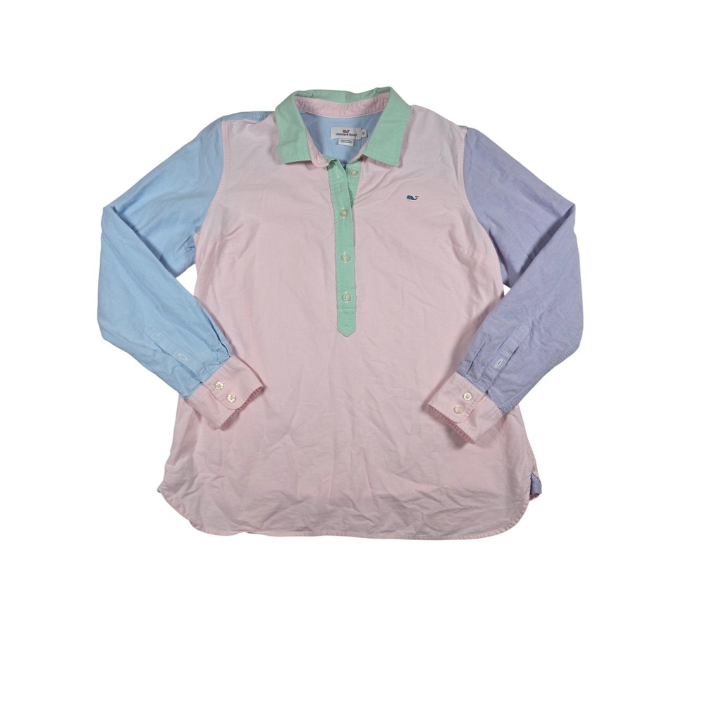 Vineyard Vines Oxford Polo Shirt Colorblock Pastel Women's 12 Pink Blue Preppy